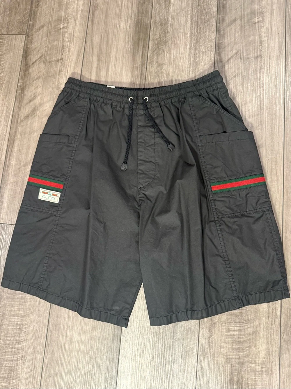Gucci Black Cargo Shorts with Green & Red Web Stripe
